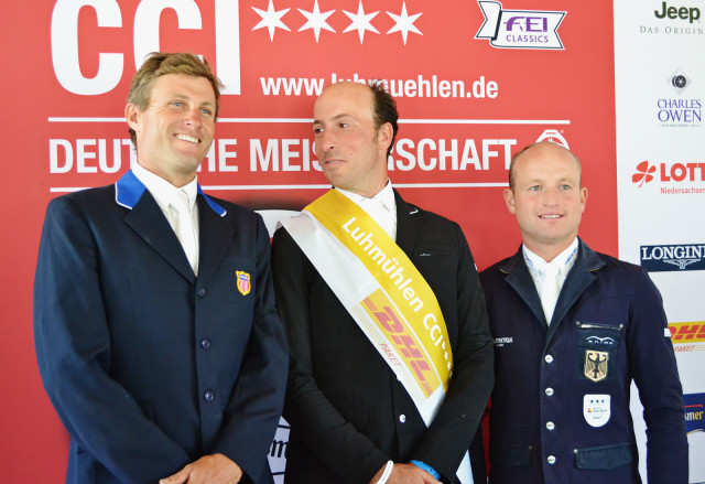 Boyd Martin, Tim Price and Michael Jung in the press conference. Photo by Jenni Autry.