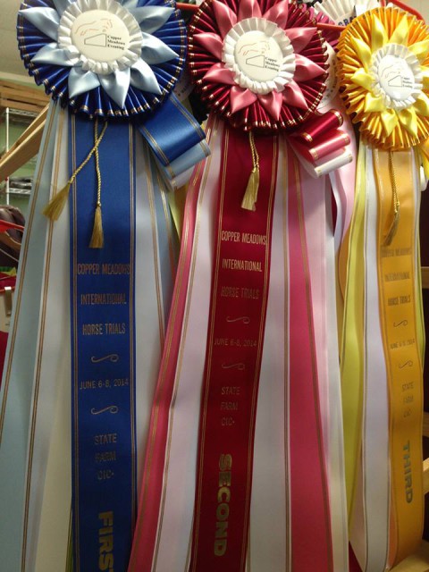 Beautiful ribbons at the Copper Meadows event. Photo via Copper Meadows Eventing Facebook page.