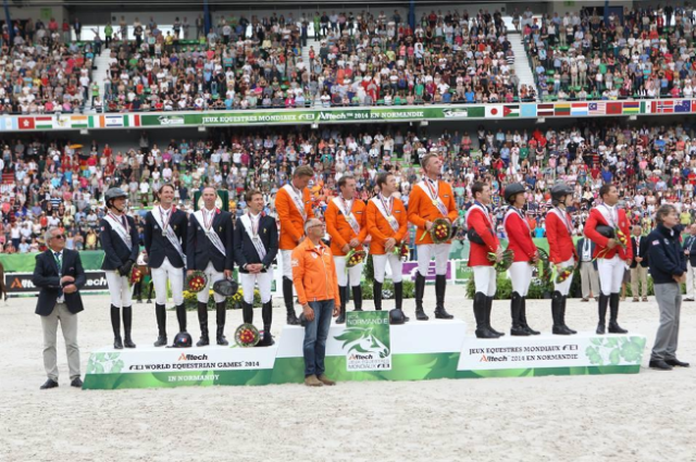 The show jumping podium: Netherlands, France, USA. Photo via Normandie 2014 on Twitter.