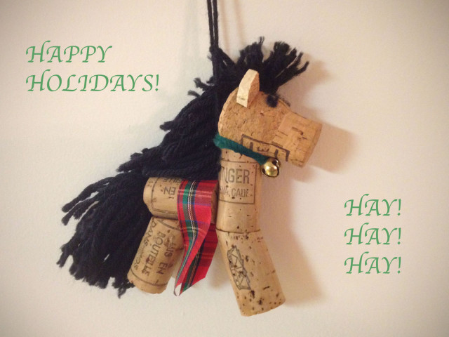 The only holiday decoration in my house, a festive cork pony made by my friend, Mary!