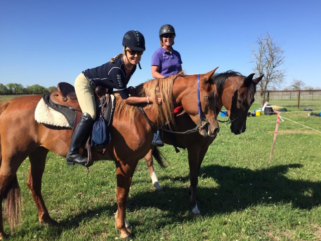 Hilda Donahue riding Spotty (left) in Texas with Cheryl Van Deusen. Photo courtesy of Hilda Donahue.