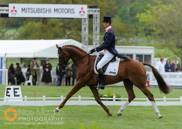 William Fox-PItt and Chilli Morning, in 2nd place before cross country at Mitsubishi Motors Badminton Horse Trials despite several errors in their dressage test Friday.