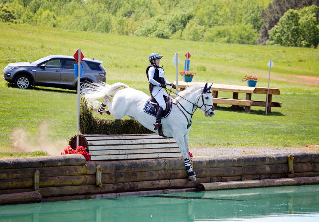 Mikki Kuchta and Rubens D'Ysieux at the first water complex at fence 9. If you look closely, you can see her reins had already come unbuckled by this point on course. Photo by Jenni Autry.