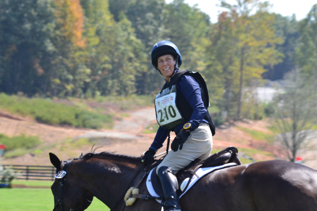 Local favorite Beth Perkins got a big cheer at the cross country finish after her Training Horse ride on Handsome Harry. Photo by Leslie Wylie.