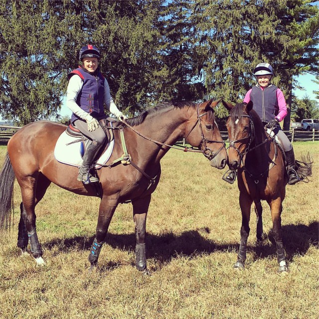 Jollybo and Hawley hang out with former rider Justine Dutton in preparation for Fair Hill. Photo via Justine Dutton's FB page.