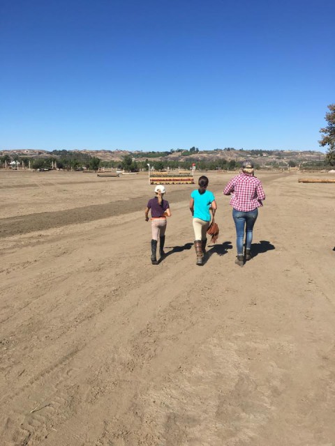 Hawley Bennett-Awad walks the Galway Novice course with two of her rising stars. Photo by Sally Spickard.