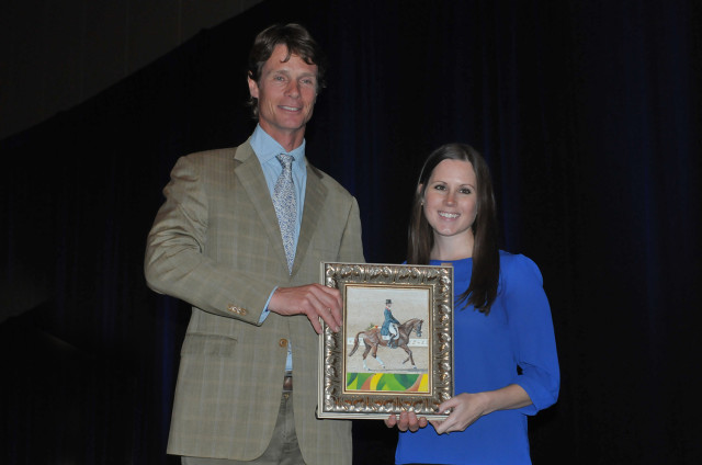 Keynote speaker William Fox-Pitt charmed the crowd and EN's own Jenni Autry presented him with a special painting of William and Chilli Morning competing at the Rio Olympic Games. The painting was done by Julie Lawther with a Jenni Autry photo as reference. Photo by Leslie Threlkeld.